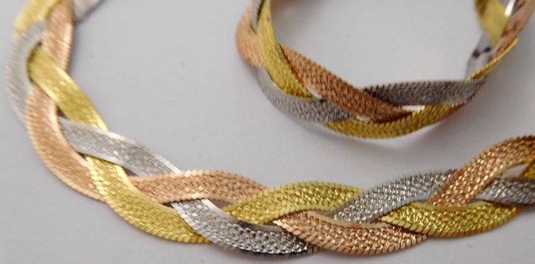 Klenoty Budín Stříbrný pletený náramek - tricolor - oboustranný gravírovaný 19cm 7,11gr 030898800004