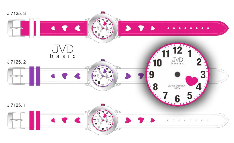 Dětské růžové hodinky JVD basic J7125.3 s růžovými srdíčky