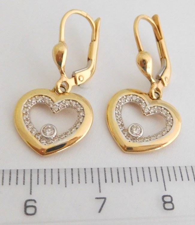 Klenoty Budín Zlaté visací srdíčkové náušnice ze žlutého zlata poseté zirkony 585/2,35gr HK2140