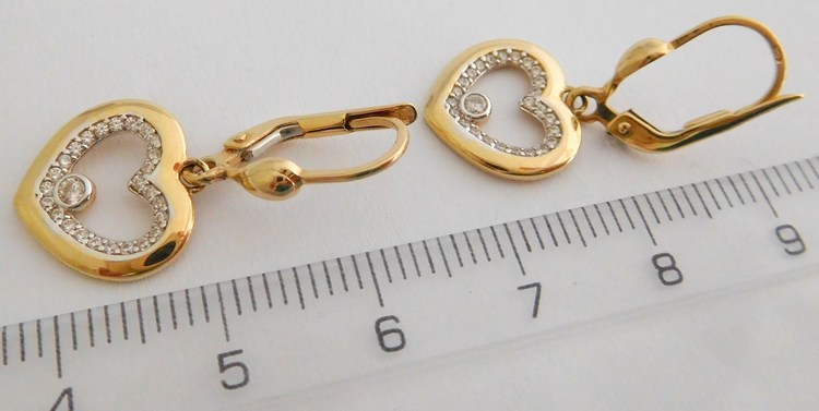 Klenoty Budín Zlaté visací srdíčkové náušnice ze žlutého zlata poseté zirkony 585/2,35gr HK2140