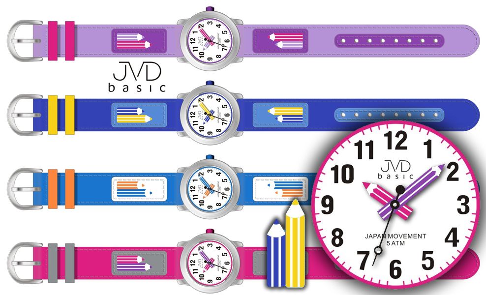 Dětské modré čitelné hodinky JVD basic J7109.3 s barevnými pastelkami