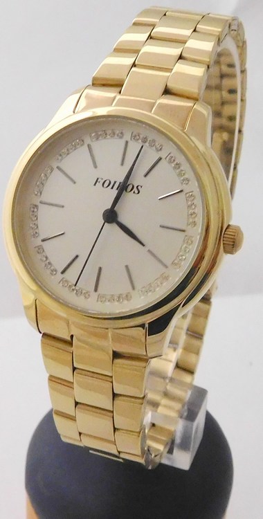 Foibos Dámské šperkové zlacené přehledné hodinky Foibos 3H232 se zirkony na číselníku