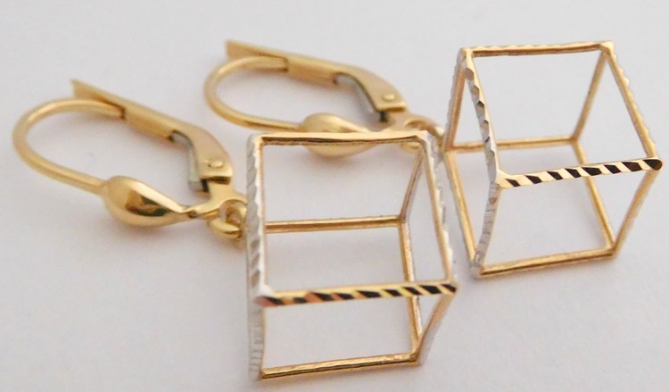 Klenoty Budín Zlaté visací náušnice z bílého a žlutého zlata - kostka 10mm 585/1,91gr H211