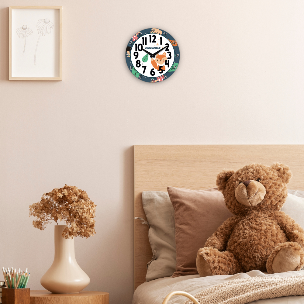 CLOCKODILE Dětské barevné nástěnné hodiny modré s liškou ⌀25cm CCT0031