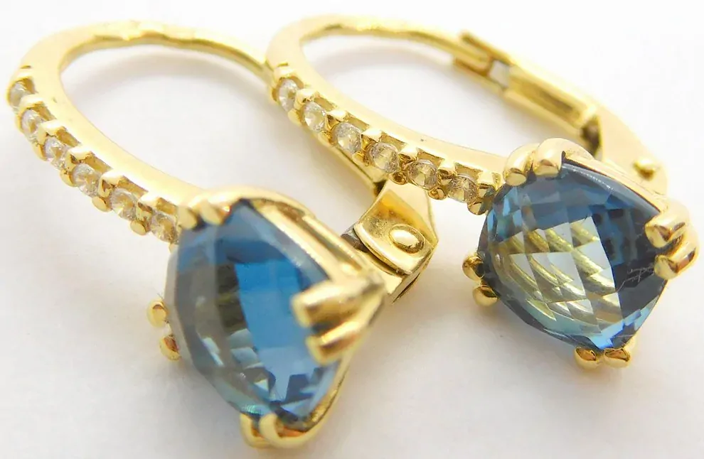 Klenoty Budín Dámské klasické zlaté náušnice se zirkony a blue topazy  585/2,53gr HK2240