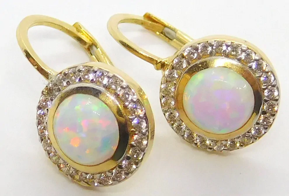 Klenoty Budín Dámské klasické zlaté náušnice se zirkony a bílými opály 585/2,95gr HK2256