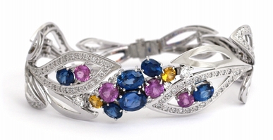 Luxusní mohutný diamantový náramek se modrými a růžovými safíry a diamanty POŠTOVNÉ ZDARMA!