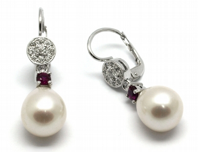 Klenoty Budín Zlaté náušnice s rubíny, perlami a  diamanty 585/2,57 gr J-21121-12 POŠTOVNÉ ZDARMA!