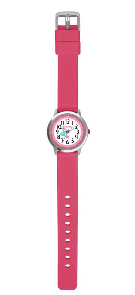 CLOCKODILE Náramkové růžové dívčí dětské hodinky se srdíčky a tmavě růžovým silikonovým řemínkem CWG5172