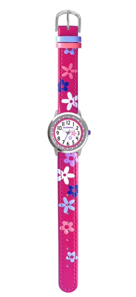 CLOCKODILE Náramkové růžové dívčí dětské hodinky s kamínky a kytičkami CWG5203 