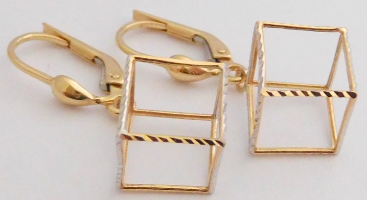 Klenoty Budín Zlaté visací náušnice z bílého a žlutého zlata - kostka 10mm 585/1,91gr H211