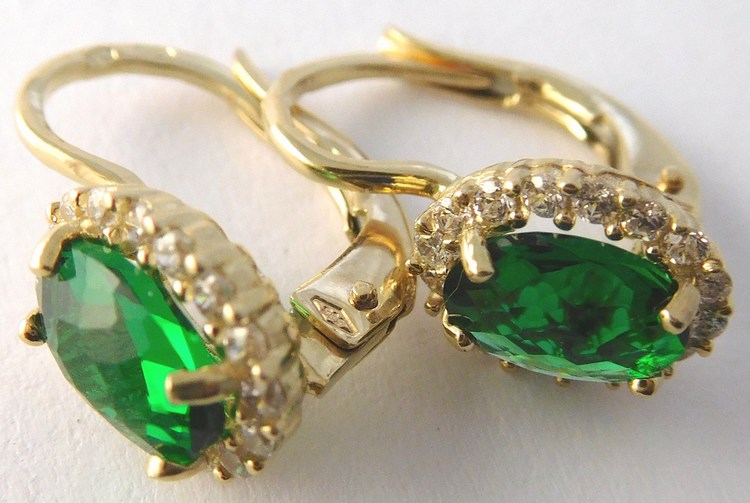 Klenoty Budín Dámské velké zlaté náušnice se zirkony a zelenými smaragdy 585/2,48 gr HK2381