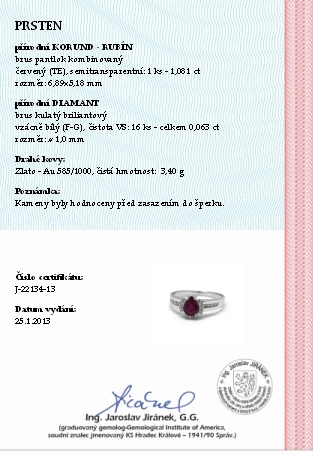 Klenoty Budín Diamantový prsten se červeným rubínem (1,081ct) 585/3,4 gr J-22134-13 POŠTOVNÉ ZDARMA!