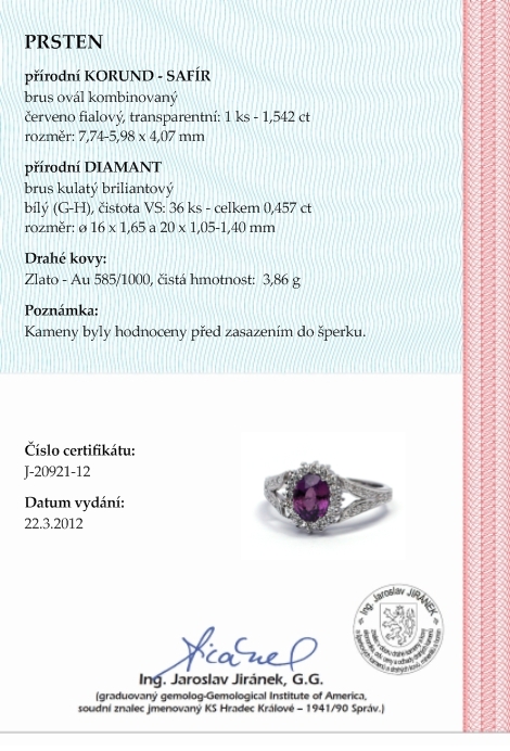 Luxusní zásnubní prsten s červenofialovým safírem 585/3,86 gr J-20921-12 POŠTOVNÉ ZDARMA!