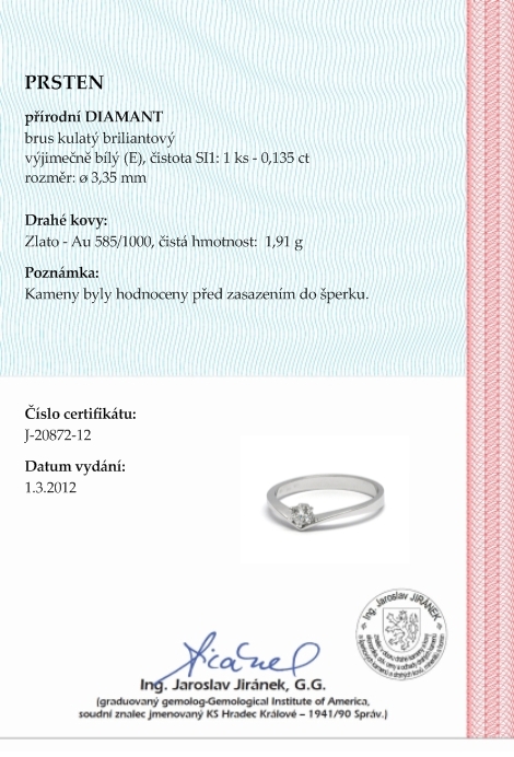 Klenoty Budín Dámský zásnubní prsten s přírodním diamantem 585/1,91 gr J-20872-12 POŠTOVNÉ ZDARMA!