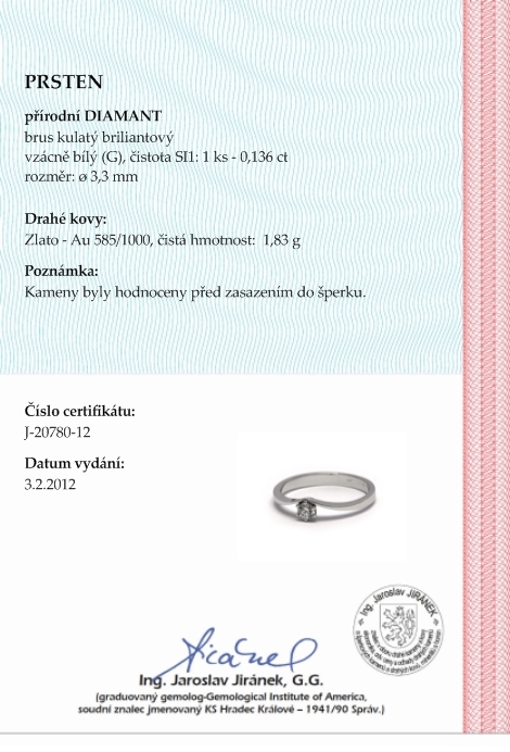 Klenoty Budín Zlatý zásnubní prsten s přírodním diamantem 585/1,83 gr J-20780-12 POŠTOVNÉ ZDARMA!