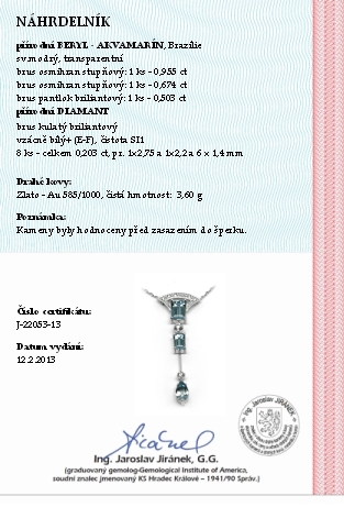 Šperkový diamantový náhrdelník s brazilským akvamarínem 585/3,60 gr J-22053-13 POŠTOVNÉ ZDARMA!