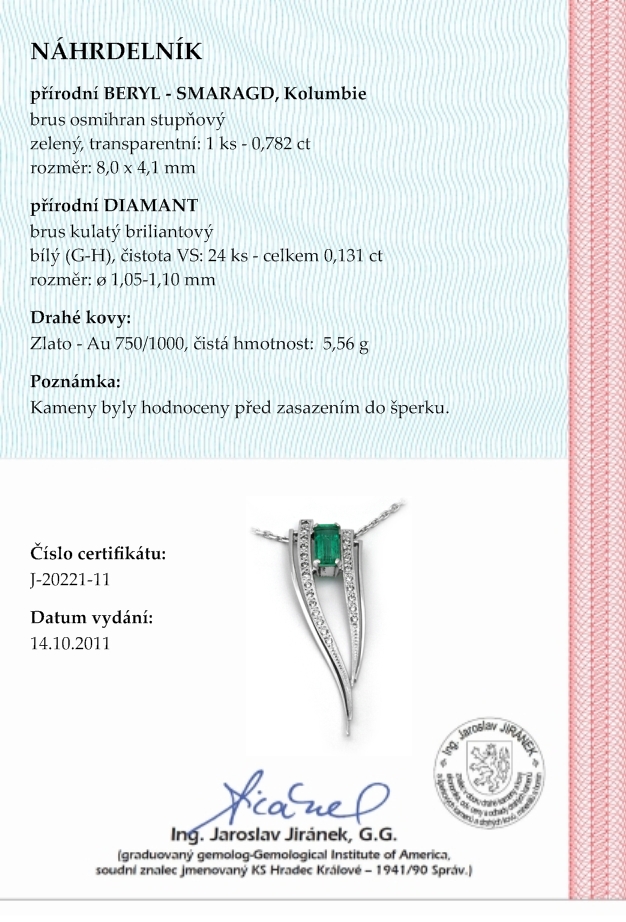 Zlatý náhrdelník s diamanty a kolumbijským smaragdem 585/5,56 gr J-20221-11 POŠTOVNÉ ZDARMA!