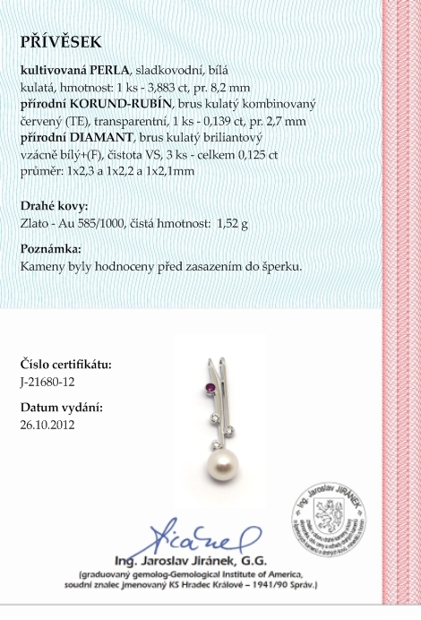 Diamantový zlatý přívěsek s rubínem a perlou 585/1,52 gr J-21680-12 POŠTOVNÉ ZDARMA!
