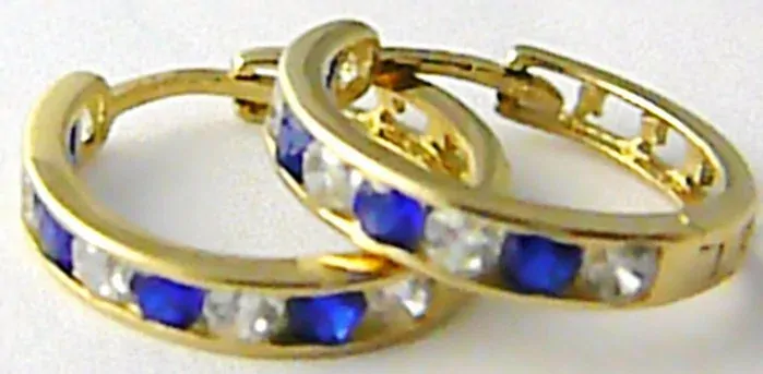 Klenoty Budín Dámské velké zlaté kruhy 14mm s modrými safíry a zirkony 585/2,01 gr HK2257
