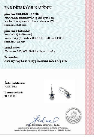 Klenoty Budín Dětské náušnice s přírodními diamanty a modrými safíry 585/1,46 gr J-21312-12 POŠTOVNÉ ZDARMA!