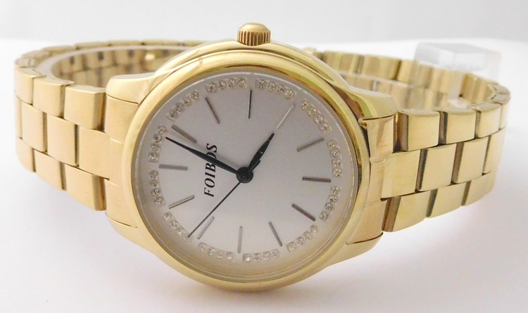 Foibos Dámské šperkové zlacené přehledné hodinky Foibos 3H232 se zirkony na číselníku