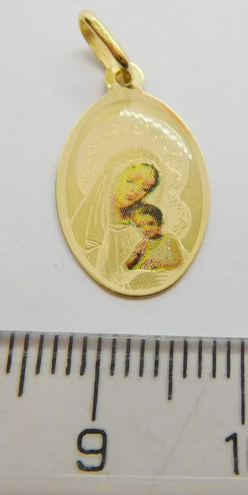 Klenoty Budín Dámský zlatý přívěsek - malovaná zlatá madonka s gravírováním 585/0,75gr G4444