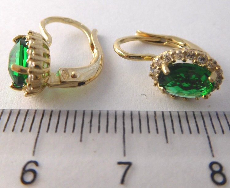 Klenoty Budín Dámské velké zlaté náušnice se zirkony a zelenými smaragdy 585/2,48 gr HK2381