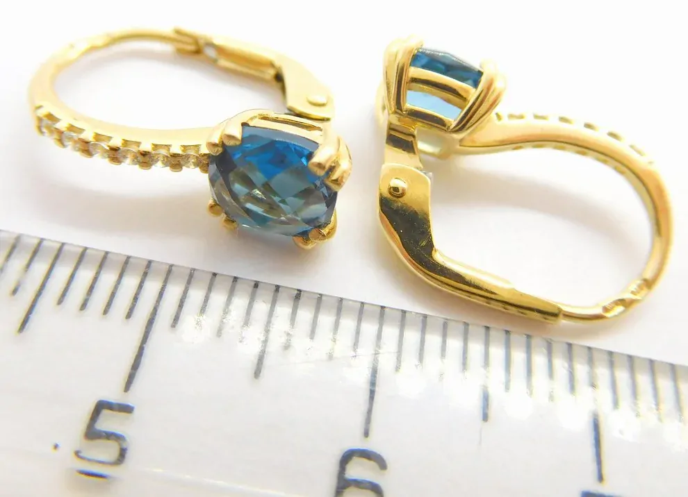 Klenoty Budín Dámské klasické zlaté náušnice se zirkony a blue topazy  585/2,53gr HK2240