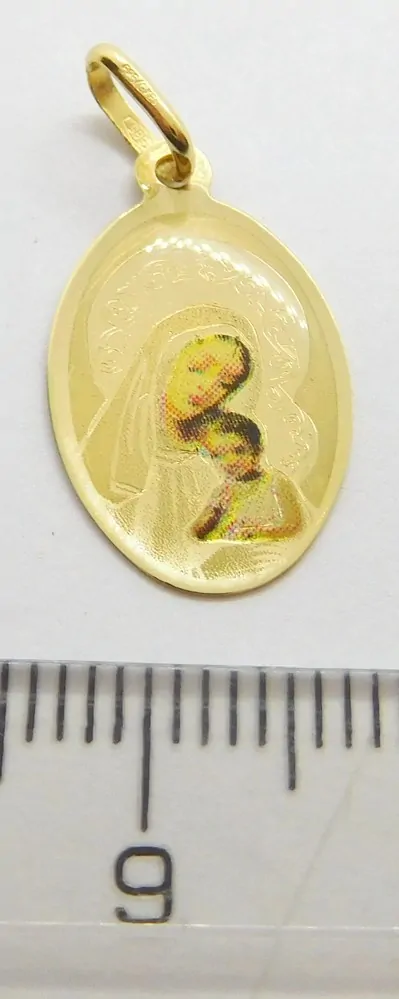 Klenoty Budín Dámský zlatý přívěsek - malovaná zlatá madonka s gravírováním 585/0,75gr G4444