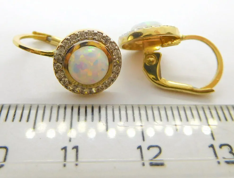 Klenoty Budín Dámské klasické zlaté náušnice se zirkony a bílými opály 585/2,95gr HK2256