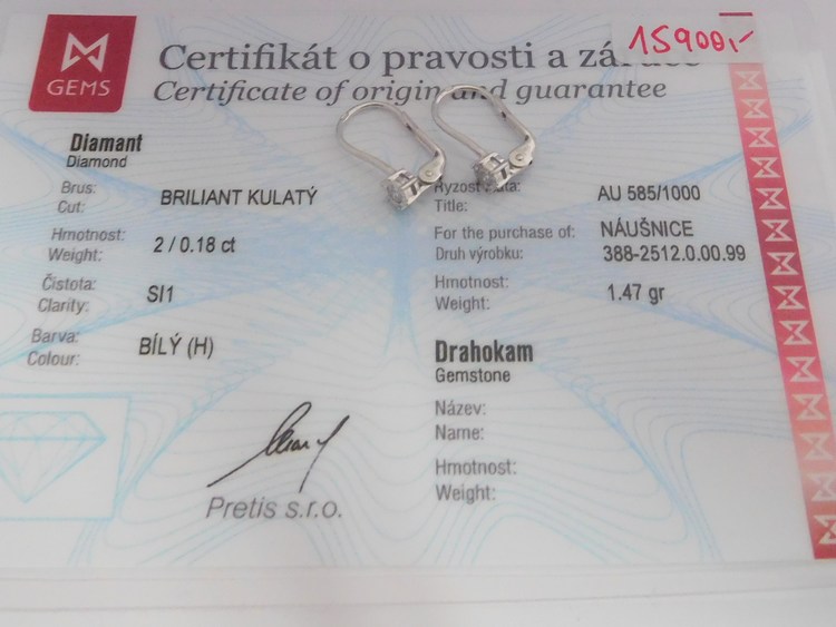 Klenoty Budín Diamantové náušnice z bílého zlata DIAMANT 2x0,18CT 585/1,47gr 3882512