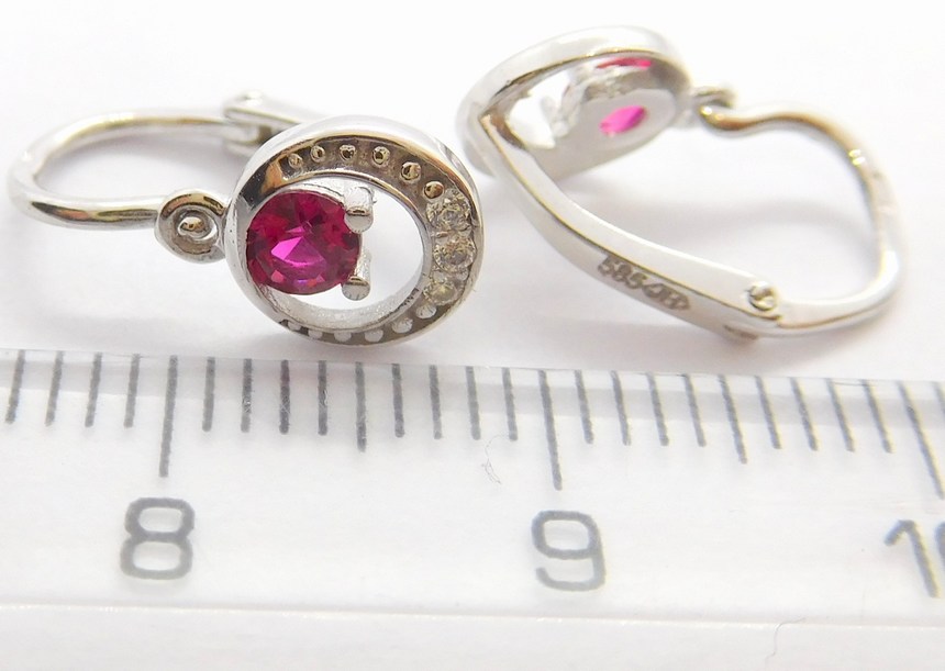 Klenoty Budín Dětské zlaté náušnice z bílého zlata se zirkony a červenými rubíny 585/1,27gr HK2115