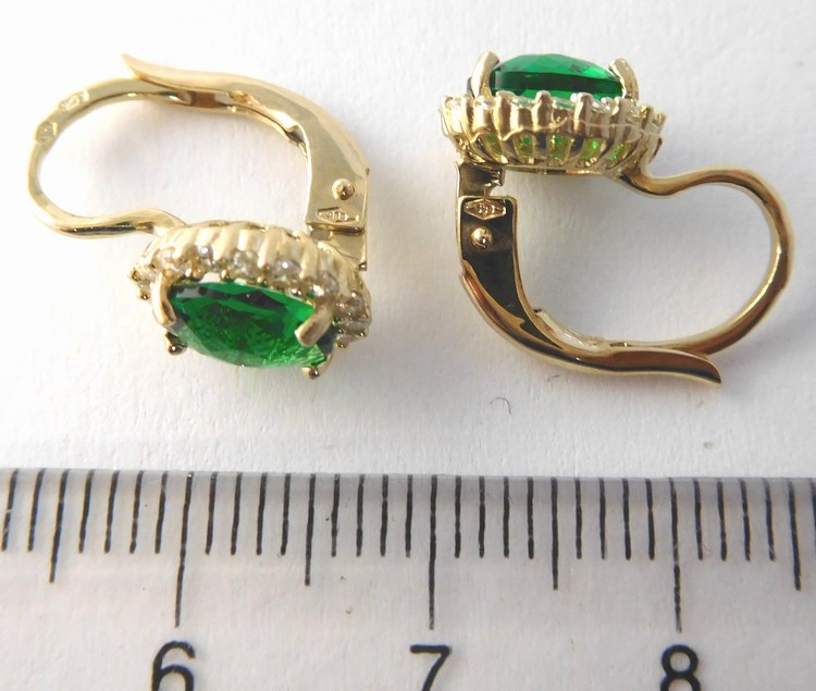 Klenoty Budín Dámské velké zlaté náušnice se zirkony a zelenými smaragdy 585/2,48 gr HK2381