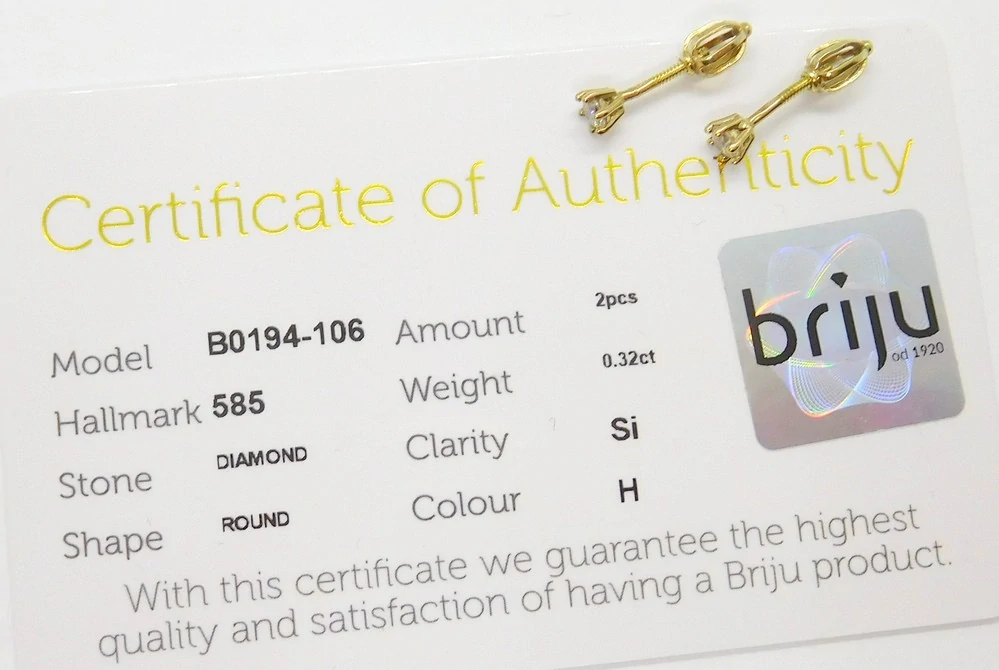 Klenoty Budín Dámské peckové zlaté náušnice s diamanty na šroubek 585/0,95gr 2 x 0,32ct HKD41