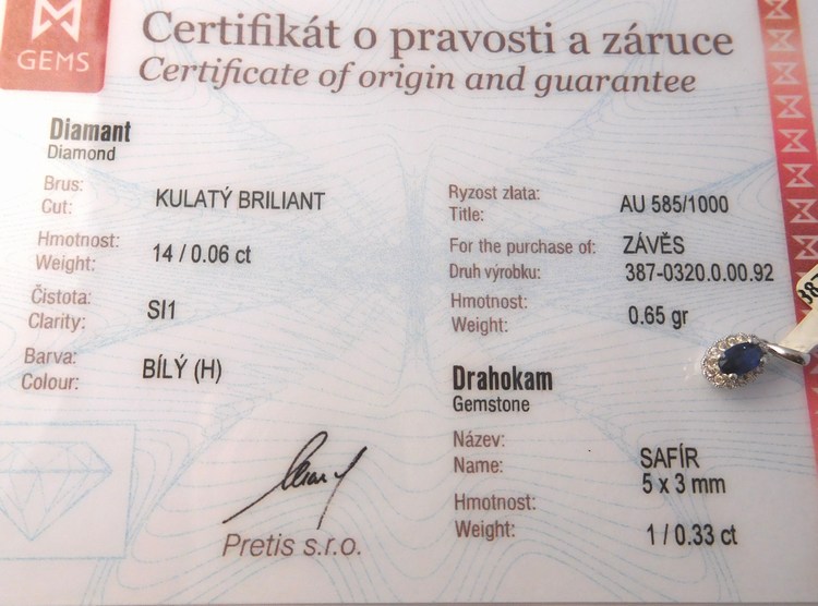 Luxusní diamantový přívěsek z bílého zlata s modrým safírem 585/0,65gr 3870320